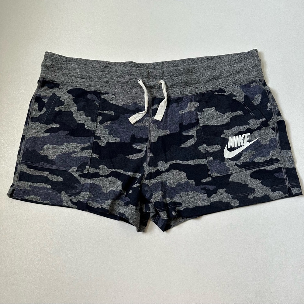 Nike Camo Logo Shorts Navy Blue Grey Comfort Waistband Pockets Womens Size XL